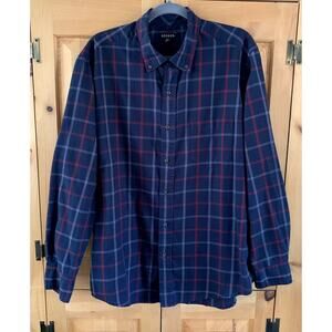 Men's Long Sleeve Shirt Button Down Navy Red Gray Plaid Cotton Blend Size L